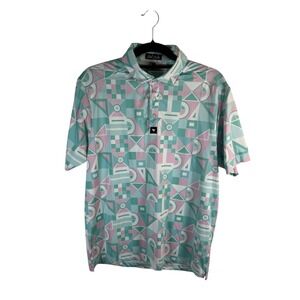 Bad Birdie Mens Golf Polo Shirt Medium Teal Pink Geometric Abstract Performance